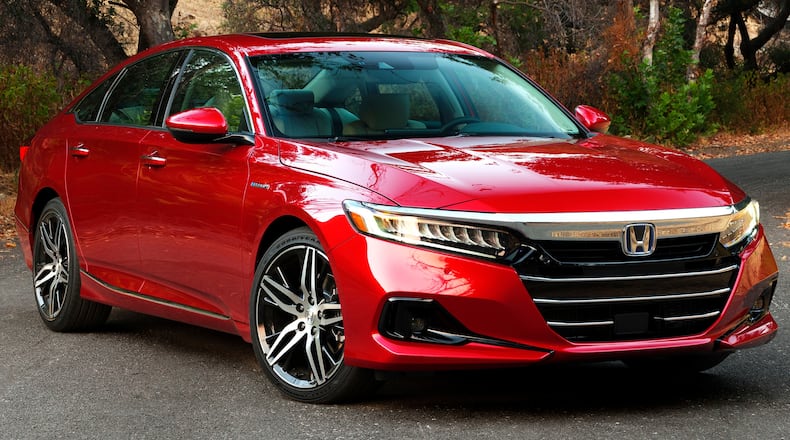 This photo provided by Honda shows the 2021 Accord. The Accord receives a few updates for 2021, including revised styling. (James Halfacre/Courtesy of American Honda Motor Co. via AP)