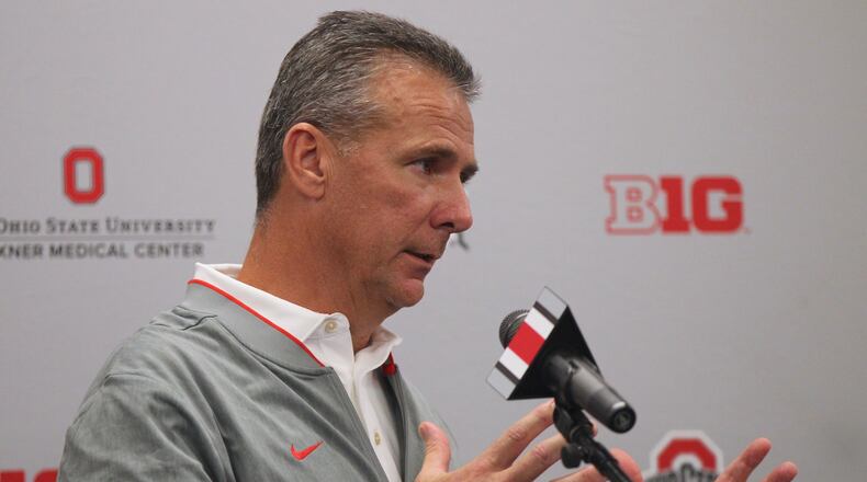 Ohio State coach Urban Meyer speaks at a press conference on Monday, Sept. 17, 2018, at the Woody Hayes Athletic Center in Columbus. David Jablonski/Staff