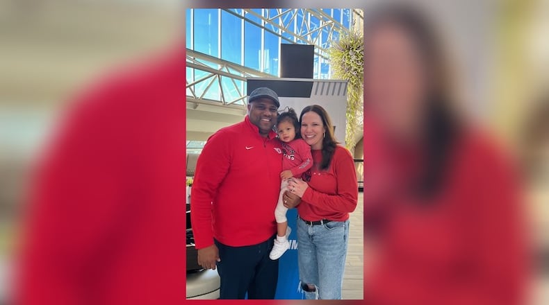 The newest Flyers family. UD men’s assistant coach Jermaine Henderson; his wife Colleen Day Henderson, who just joined Tamika Williams-Jeter’s women’s staff and their 2-year-old daughter Jaye. Jermaine and Colleen, both veteran coaches, have had a long connection to Miami University, where they each played, graduated and were longtime assistant coaches. CONTRIBUTED