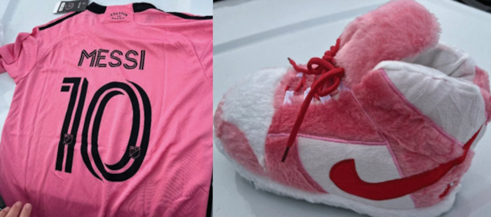 A counterfeit Club Internacional de Fútbol Miami jersey and fake Nike slippers were reportedly being sold at kiosks at the Mall at Fairfield Commons. Photo courtesy U.S. Southern District of Ohio.