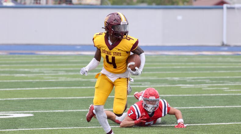 Central State's Brandon Brock, shown against Dayton on Saturday, Sept. 9, 2023, had 10 catches for 104 yards in the Marauders loss on Saturday to Miles College. David Jablonski/Staff