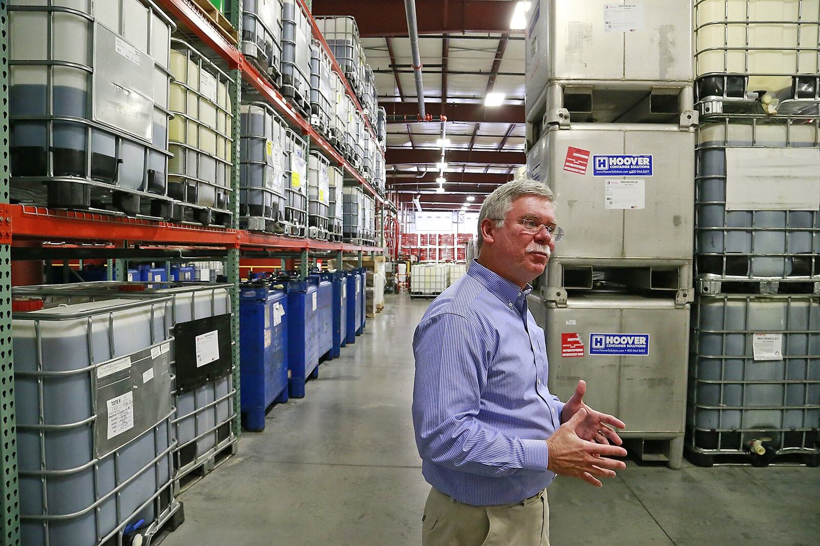As he walks through his new warehouse, Bob Holder, owner of the R.D. Holder Oil Company, talks about how his company has grown in the past five years since a massive five destroyed one of their locations in Clark County. Bill Lackey/Staff