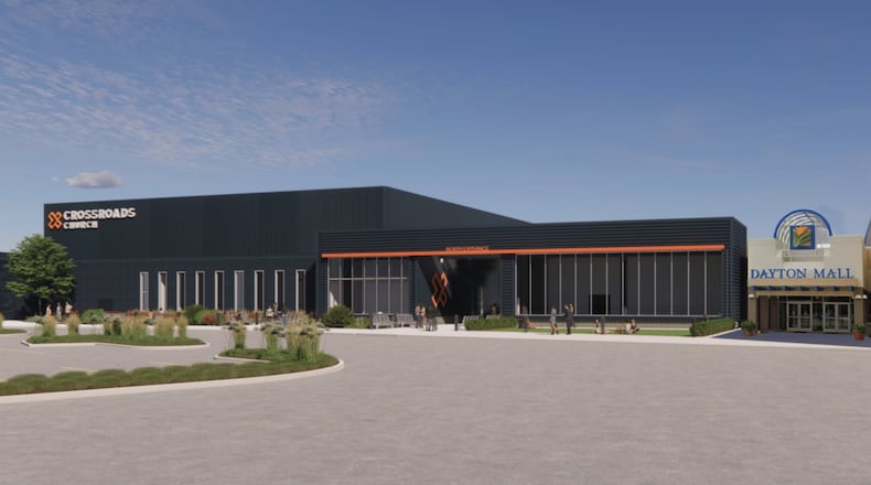 A rendering of what the new Crossroads Dayton will look like at its new location at the former Sears at Dayton Mall. Construction on the project, which launched in January, is expected to wrap up this year or next. CONTRIBUTED