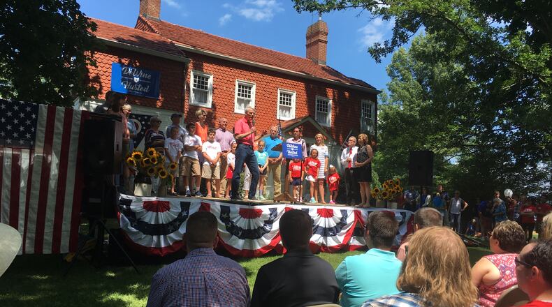U.S. Sen. Rob Portman speaks Sunday, June 24, at the Cedarville home of Ohio Attorney General Mike Dewine at the annual ice cream social Dewine and his wife Fran host.