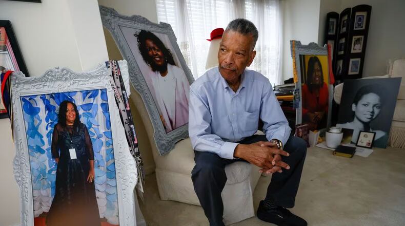 Joseph Larche poses in the living room of his house surrounded by his wife and daughter's portraits. Joseph experienced the death of two loved ones, first his wife Diane Larche passed away in January with pancreatic cancer, and two months later his daughter Stephanie died of a heart attack. MIGUEL MARTINEZ/AJC