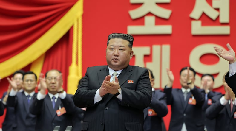 This photo provided Monday, Feb. 23, 2026, by the North Korean government, its leader Kim Jong Un, center, claps hands as he was re-elected to the top post of the ruling Workers’ Party, during the party's Congress in Pyongyang, Sunday, Feb. 22, 2026. Independent journalists were not given access to cover the event depicted in this image distributed by the North Korean government. The content of this image is as provided and cannot be independently verified. Korean language watermark on image as provided by source reads: "KCNA" which is the abbreviation for Korean Central News Agency. (Korean Central News Agency/Korea News Service via AP)