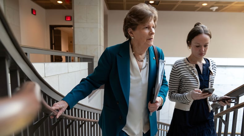 Sen. Jeanne Shaheen, D-N.H., leaves after a closed door briefing on the Iran war before the Senate Armed Services Committee at the Capitol Tuesday, March 10, 2026, in Washington. (AP Photo/Jose Luis Magana)