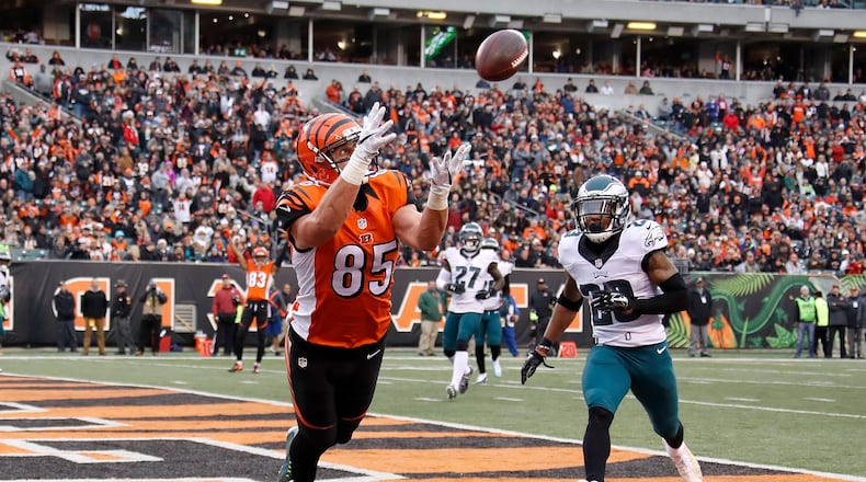 The return to health of both Bengals tight end Tyler Eifert, seen here catching a touchdown pass last season against the Eagles, and wide receiver A.J. Green is cause for optimism for Cincinnati. Add rookie wide receivers John Ross and Josh Malone and running back Joe Mixon, and the Bengals are aiming to be one of the most potent offenses in the NFL.