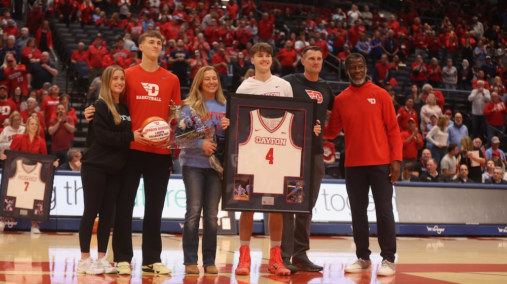Dayton's Jordan Derkack is honored on Senior Night before a game against Virginia Commonwealth on Friday, March 6, 2026, at UD Arena. David Jablonski/Staffnski/Staff