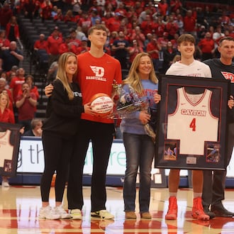 Dayton's Jordan Derkack is honored on Senior Night before a game against Virginia Commonwealth on Friday, March 6, 2026, at UD Arena. David Jablonski/Staffnski/Staff