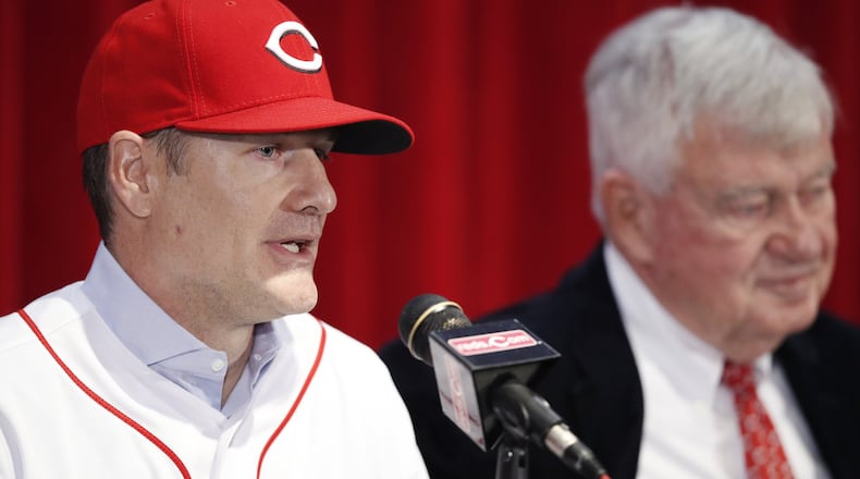 David Bell speaks to the media after he was introduced as the new manager for the Cincinnati Reds as owner and CEO Bob Castellini looks on at Great American Ball Park on Monday. (Photo by Joe Robbins/Getty Images)