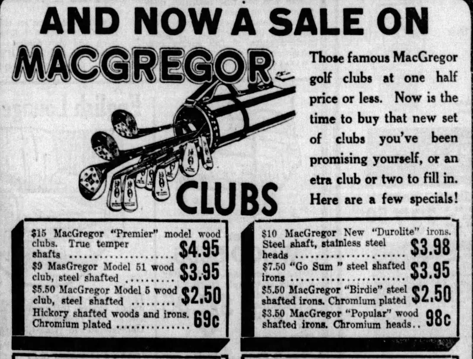MacGregor golf clubs ad, Dayton Daily News 1932.