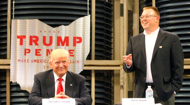 Then-presidential candidate Donald Trump visited Staub Manufacturing Solutions in September 2016, where he attended a roundtable discussion hosted by Steve Staub, president of the company, and his sister, Sandy Keplinger, vice president. TY GREENLEES / STAFF