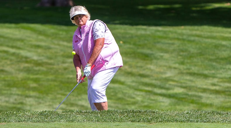 Laura Davies chips onto the first green during the third round Saturday of the U.S. Senior Women's Open at NCR Country Club. CONTRIBUTED/Jeff Gilbert