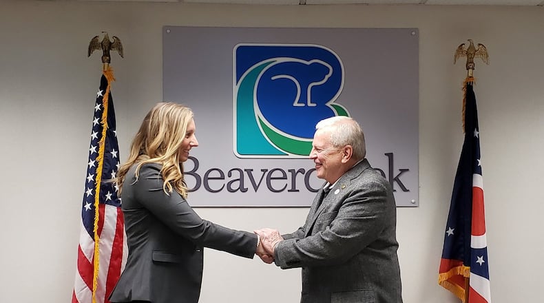 Beavercreek Mayor Bob Stone swore in the newest City Council Member, Tiffany Schwartz, on Monday, Feb. 10. CONTRIBUTED