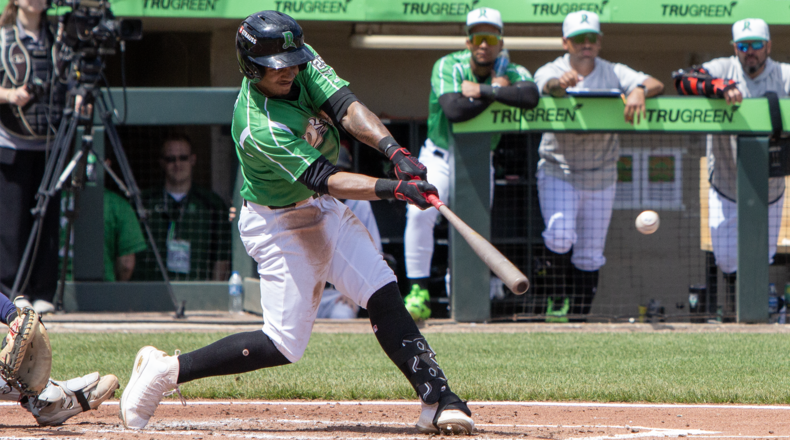 Dayton's Victor Acosta doubles in the fourth inning Sunday at Day Air Ballpark. He later scored on a Trey Faltine's double. Jeff Gilbert/CONTRIBUTED