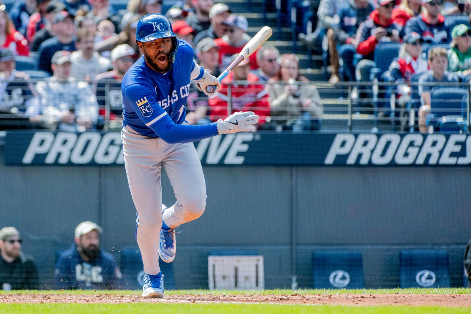 Kansas City Royals' Maikel Garcia reacts after hitting a two run double off Cleveland Guardians starting pitcher Ben Lively during the fifth inning of a baseball game in Cleveland, Sunday, April 13, 2025. (AP Photo/Phil Long)