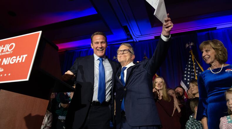 Republican Gubernatorial-elect Ohio Attorney General Mike DeWine and running mate Jon Husted take the stage during their victory party for Ohio’s gubernatorial race at the Ohio Republican Party’s election night party at the Sheraton Capitol Square on November 6, 2018 in Columbus, Ohio. Photo by Justin Merriman/Getty Images