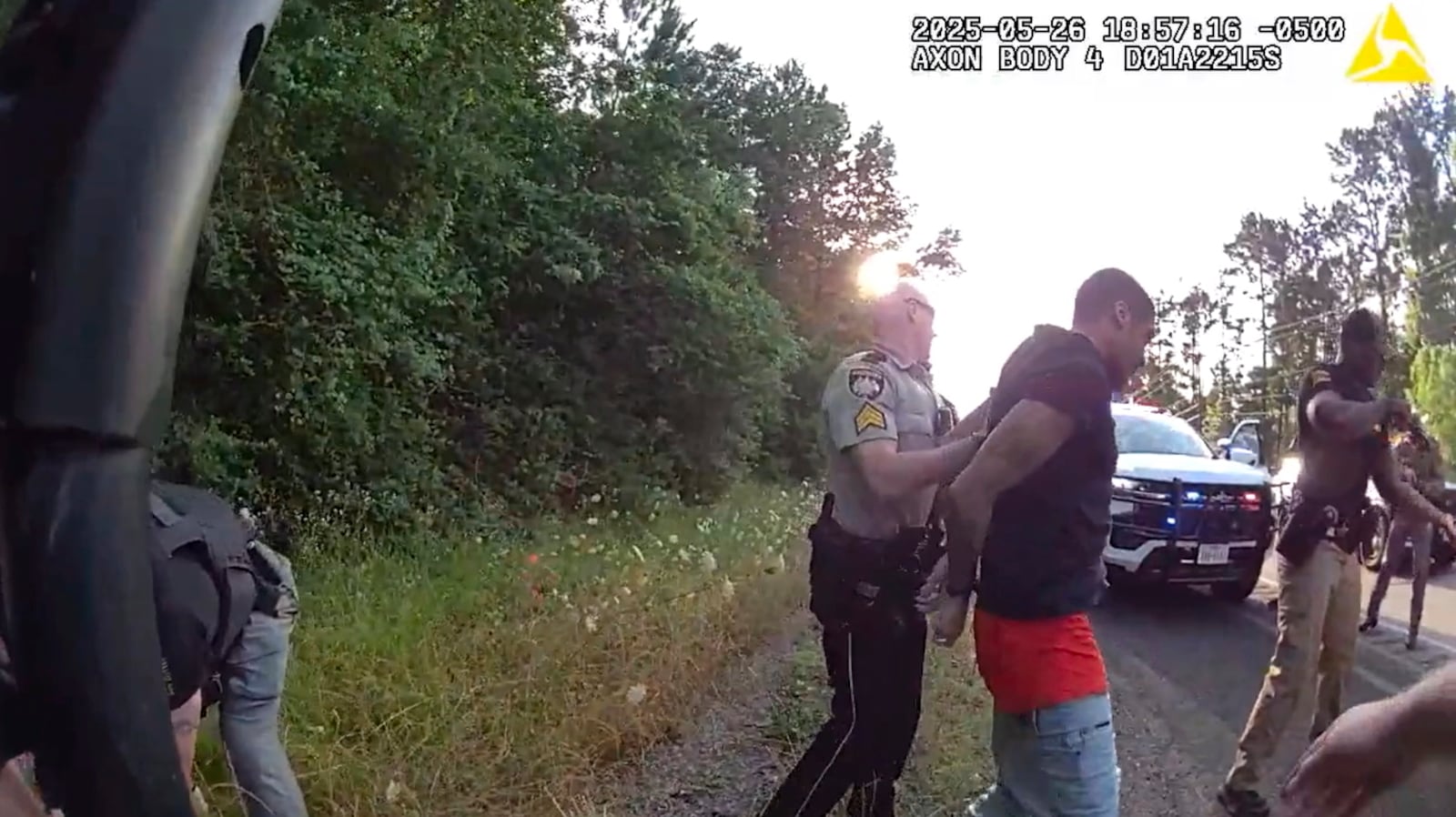 This image from video taken by Huntsville Police Department on May 26, 2025, shows the arrest of two New Orleans inmates who were on the run since their May 16, 2025, jailbreak. (Huntsville Police Department via AP)