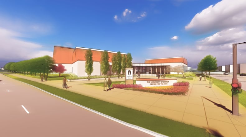 A rendering of the new Rodger Glass Center for the Arts that the University of Dayton plans to build at the corner of Stewart Street and Main Street. Courtesy of UD