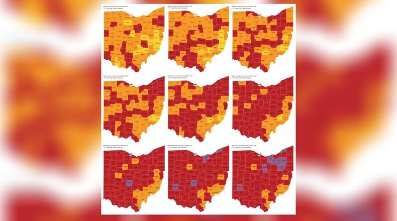 Butler County coronavirus advisory maps show the worsening coronavirus situation in the state. From top left, these are maps from Oct. 8, Oct. 15, Oct. 22, Oct. 29, Nov. 5, Nov. 12, Nov. 19, Nov. 26 and Dec. 3.