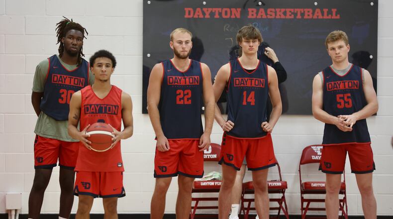 Dayton players (left to right) Jaiun Simon, Javon Bennett, CJ Napier, Atticus Schuler and Will Maxwell practice on Wednesday, Aug. 2, 2023, at the Cronin Center. David Jablonski/Staff