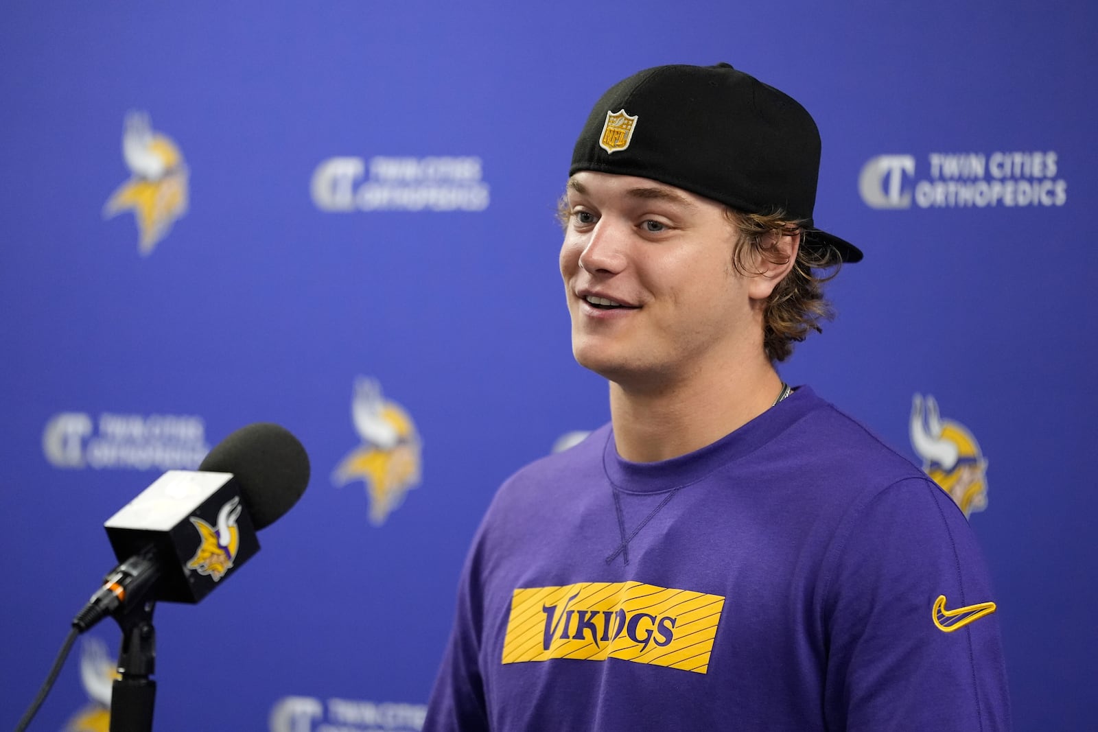 Minnesota Vikings quarterback J.J. McCarthy (9) answers questions during a press conference Tuesday, April 29, 2025 in Eagan, Minn. (AP Photo/Abbie Parr)