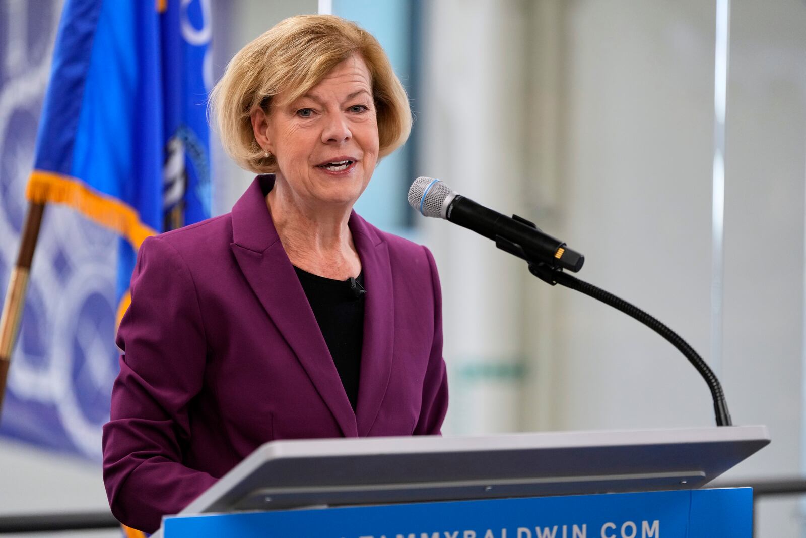 FILE - Sen. Tammy Baldwin, D-Wis., speaks, Nov. 7, 2024, in Madison, Wis. (AP Photo/Morry Gash, File)