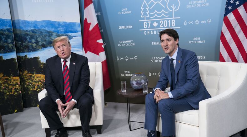 President Donald Trump and Prime Minister Justin Trudeau of Canada at the Group of 7 meeting in Charlevoix, Quebec, June 9, 2018. Trump has ridiculed tariffs that other countries impose on American goods, but to many of America’s trading partners, the president’s criticisms ring hollow given that the United States makes use of tariffs of its own on everything from trucks to peanuts to sugar to stilettos. (Doug Mills/The New York Times)