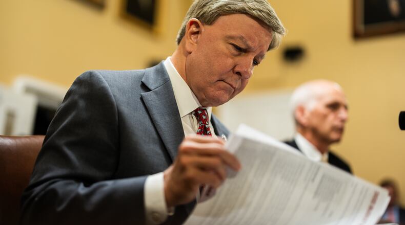 Rep. Mike D. Rogers (R-Ala.), chairman of the House Armed Services Committee, during a hearing in Washington on Tuesday, June 11, 2024. Rogers praised the House’s passage on Friday of an $895 billion defense policy bill, but the legislation is loaded with right-wing mandates targeting abortion, transgender care and diversity initiatives. (Tierney L. Cross/The New York Times)