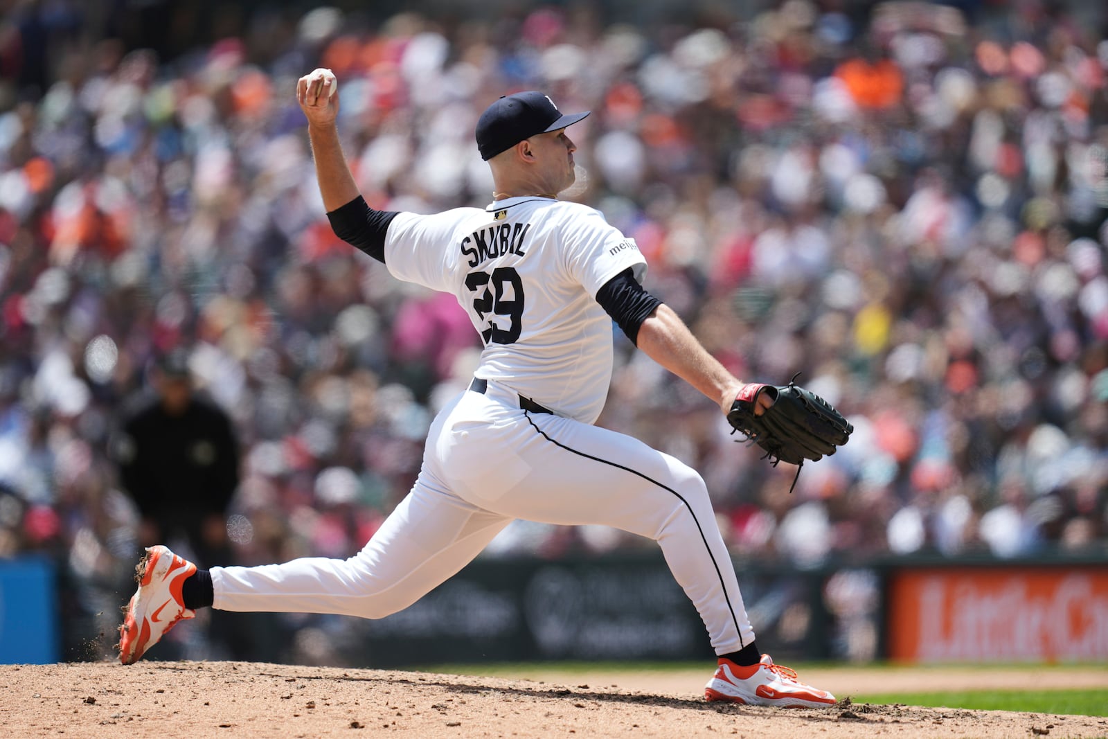 Detroit Tigers pitcher Tarik Skubal throws against the Cleveland Guardians in the ninth inning during a baseball game, Sunday, May 25, 2025, in Detroit. (AP Photo/Paul Sancya)