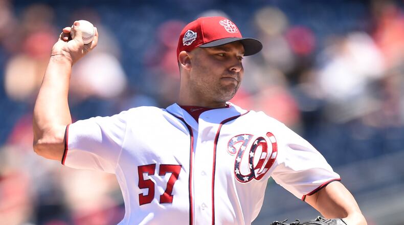 WASHINGTON, DC - JULY 08: Tanner Roark #57 of the Washington Nationals pitches in the first inning during a baseball game against the Miami Marlins at Nationals Park on July 8, 2018 in Washington, DC. (Photo by Mitchell Layton/Getty Images)