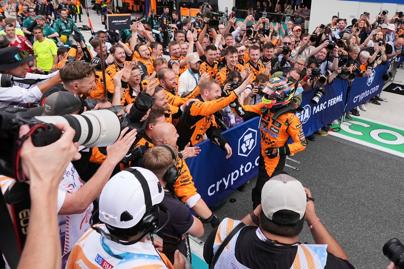 McLaren driver Oscar Piastri of Australia celebrates after winning the Formula One Miami Grand Prix auto race Sunday, May 4, 2025, in Miami Gardens. Fla. (AP Photo/Rebecca Blackwell)