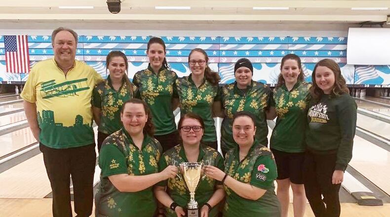 Members of the Raiders are, front (left): seniors Tori Pappas, Sarah Carpenter and Kira Lade. Back (left): head coach Jeff Fleck, freshman Briann McKnight, sophomores Ashlynn Stollings and Jessica Pitt, freshmen Madison Stiffler and Kara Buckner, and assistant coach Colleen Hines. CONTRIBUTED PHOTO