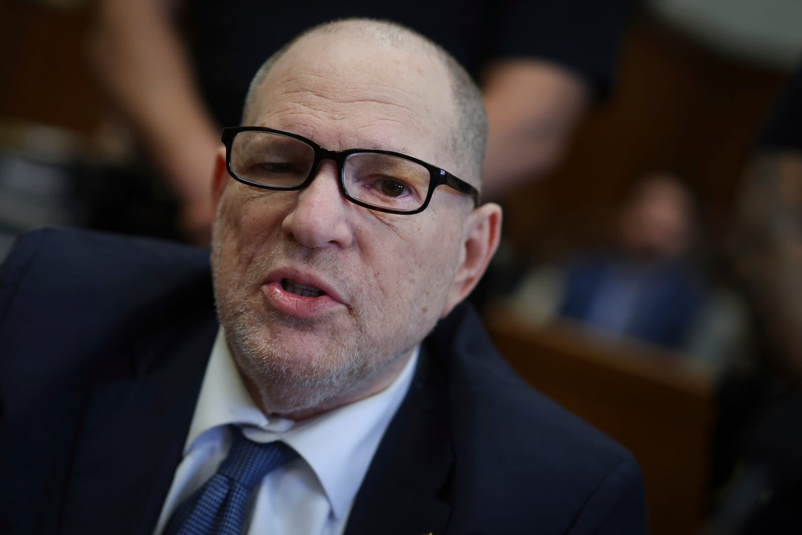 Harvey Weinstein appears in Manhattan Criminal Court for the third day of jury selection in his retrial, Thursday, April 17, 2025 in New York. (Mike Segar/Pool Photo via AP)