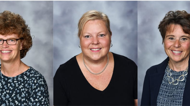 From left: Susan Woods, current principal of Medlar View Elementary; Shannon Ruppert, currently the principal at Bear Elementary School; and Tammy Sundermann, currently the principal at Bauer Elementary. Woods is retiring at the end of the year, Ruppert will become the next Medlar Woods principal, and Sundermann will become the Bear principal. A search is underway for the next Bauer principal. Courtesy of Miamisburg Schools.