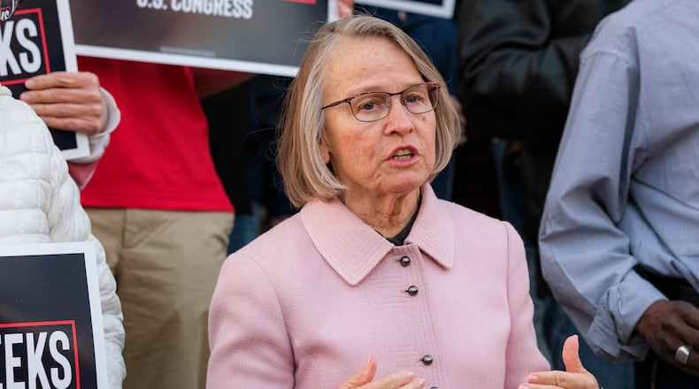 Rep. Mariannette Miller-Meeks, R-Iowa, speaks during a press conference at the Johnson County Courthouse in Iowa City, Iowa on Wednesday, Nov. 6, 2024. (Nick Rohlman/The Gazette via AP)