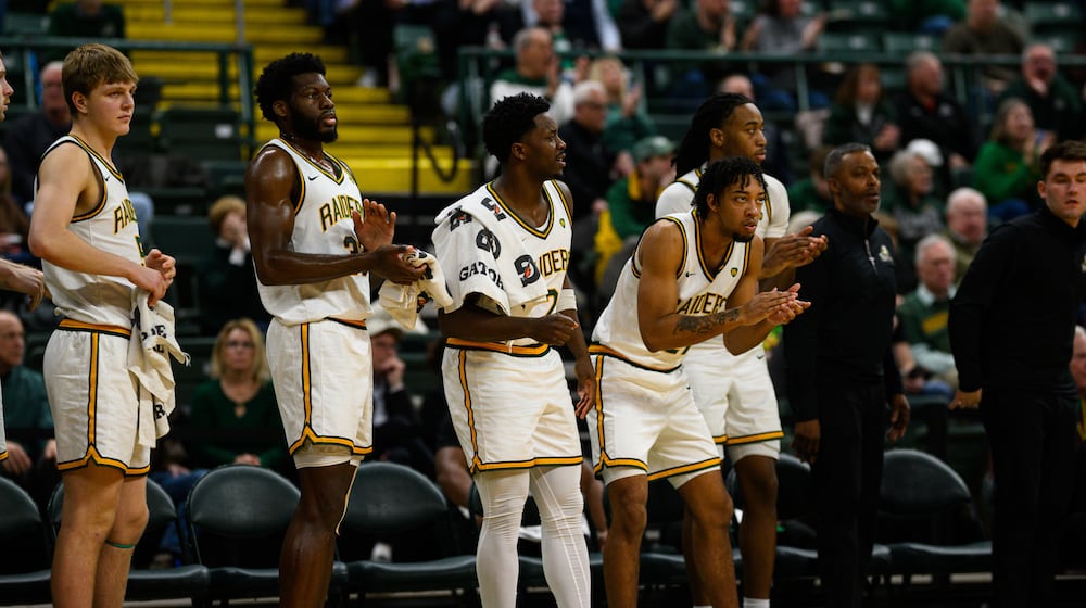 The Wright State University men's basketball team celebrates during their game against Robert Morris University on Sunday, Feb. 22, 2026 at the Nutter Center. JEREMY MILLER / CONTRIBUTED PHOTO