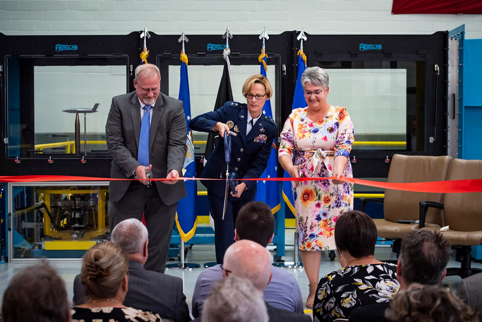 (From left) Michael Gregg, director of the Air Force Research Laboratory’s Aerospace Systems Directorate; Maj. Gen. Heather Pringle, AFRL commander; and Davilyn Parker, wife of AFRL aerospace engineer Greg Parker, cut the ribbon on the Parker Subsonic Research Facility, or SuRF, during a dedication ceremony July 7 at Wright-Patterson Air Force Base. U.S. AIR FORCE PHOTO/RICK ELDRIDGE