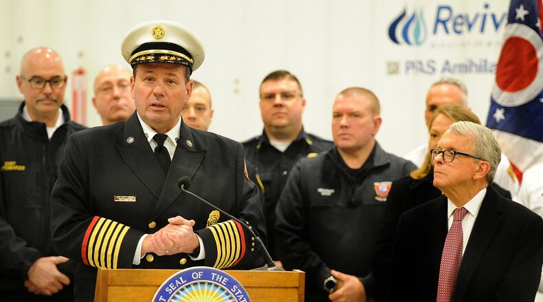 State Deputy Fire Marshal Richard Sluder and Ohio Gov. Mike DeWine visited Wright State University's Calamityville campus Monday, March 18, 2024 to officially launch Ohio's new statewide program to annihilate hazardous per- and polyfluoroalkyl substances (PFAS) in firefighting foam. MARSHALL GORBY\STAFF