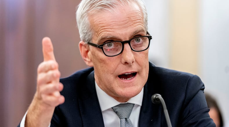 Veterans Affairs Secretary Denis McDonough speaks during a Senate Veterans' Affairs hearing on the President's proposed budget request for fiscal year 2024 and 2025 advance appropriations requests for the Department of Veterans Affairs on Capitol Hill in Washington, Wednesday, May 17, 2023. (AP Photo/Andrew Harnik)
