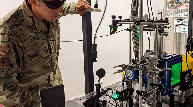First Lt. Ashwin Rao checks the alignment of the Everbright 532 nm Nd:YAG laser’s beam path for his laser-induced breakdown spectroscopy experiments. Rao received the Innovations in Nuclear Technology R&D Award sponsored by the U.S. Department of Energy, Office of Nuclear Fuel and Supply Chain for his paper on his doctoral research at the Air Force Institute of Technology. U.S. AIR FORCE PHOTO/1ST LT. RYAN PINSON