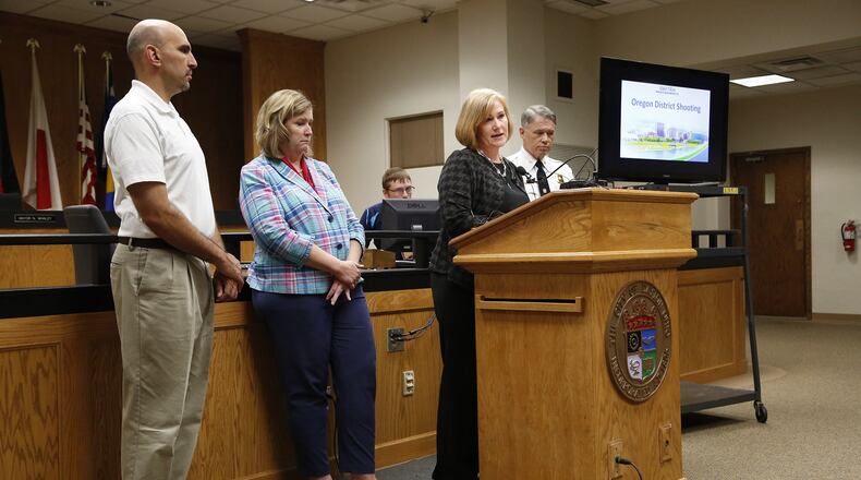 The City of Dayton hosted a press conference on Tuesday to provide statistics about the mass shooting in the Oregon District that took the lives of 9 victims. From the left are City Commissioner Matt Joseph, Mayor Nan Whaley, City Maanager Shelley Dickstein, and Police Chief Richard Biehl. TY GREENLEES / STAFF
