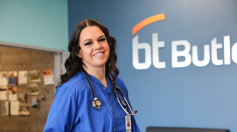 A former Butler Tech high school graduate has returned to the career school to advance in her career field of nursing and was recently spotlighted by school officials as representing the thousands of area adults who come to the school for job training. Kayla Bald – a 27-year-old mother from Monroe – is a 2017 graduate of Butler Tech and has returned to the career school system but this time to earn certification in the school’s new Registered Nursing (RN) program at its LeSourdsville adult education campus. (Provided)