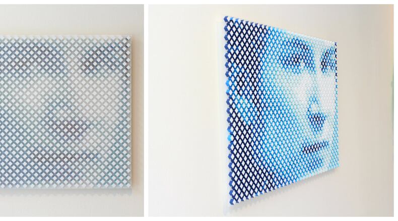 Differing angles on Peripheral Visionary I: Portrait of Neal Stephenson, by Tyler Bohm, 2014, acrylic on wood and Plexiglas, 35 x 23 x 1 in, on display at the Dayton Visual Arts Center as part of "Gesture Control" Jan. 15- Feb. 27. VIVIENNE MACHI / STAFF