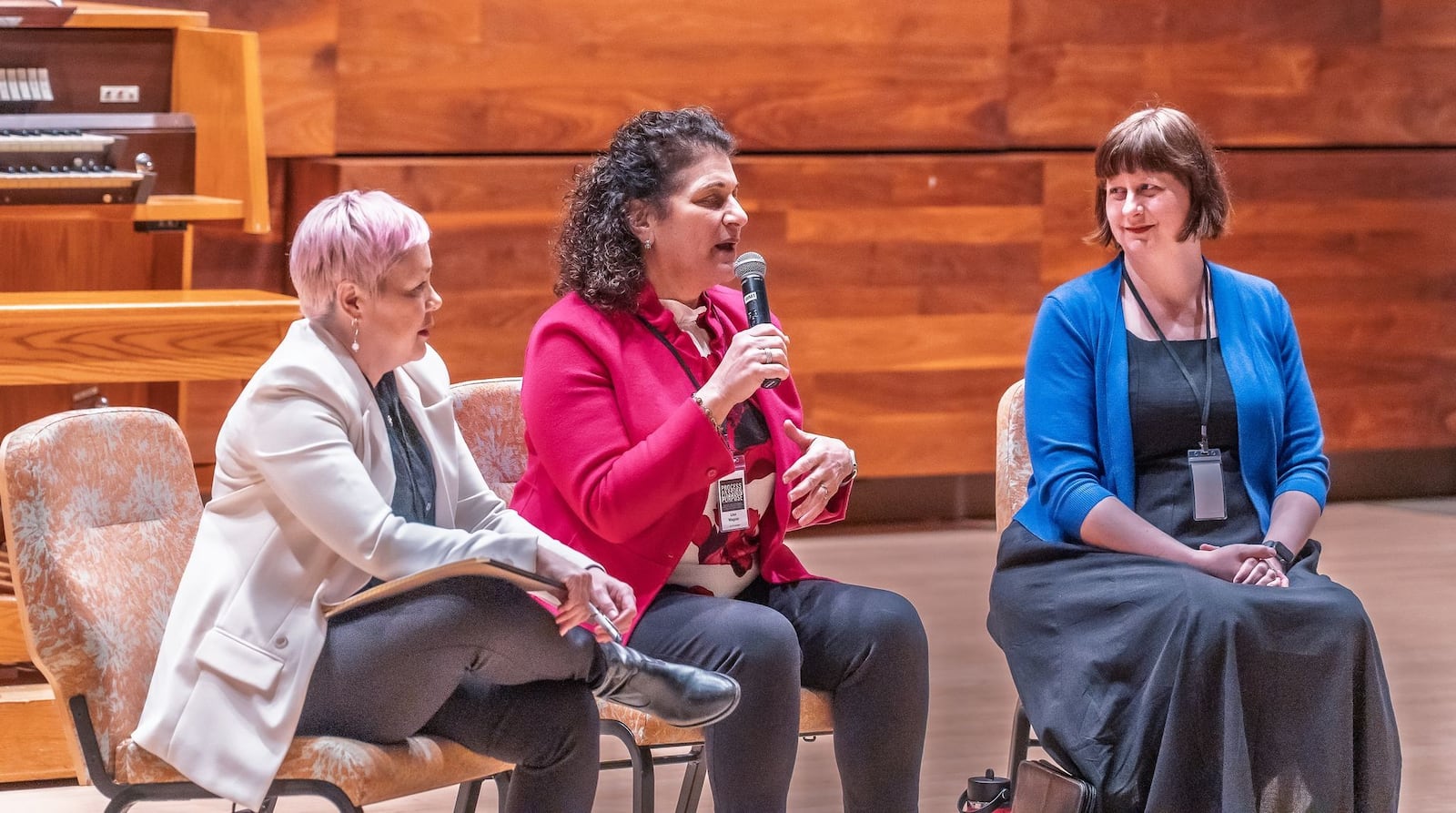 Left to right: Tamiko Stump, interim director of the Dayton Society of Artists; Lisa Wagner, executive director of Levitt Pavilion; and Shayna McConville, division manager of cultural arts for the city of Kettering participate in "The Art of Access: Removing Barriers and Expanding Creative Opportunity" panel at the Process, Passion, Purpose: Dayton Art and Design Symposium Feb. 20 at Wright State University. ScottyD Photography