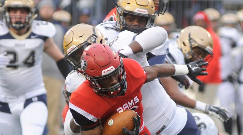 Trotwood running back Raveion Hargrove gained 140 yards on 24 carries. Akron Archbishop Hoban defeated Trotwood-Madison 30-0 in the Division III high school football state championship at Ohio Stadium in Columbus on Saturday, Dec. 3, 2016. MARC PENDLETON / STAFF