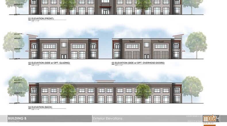 An artist's rendering of new buildings planned for the Mission Point office park in Beavercreek, shared by developer Jason Woodard. Construction should start in early summer, he said.