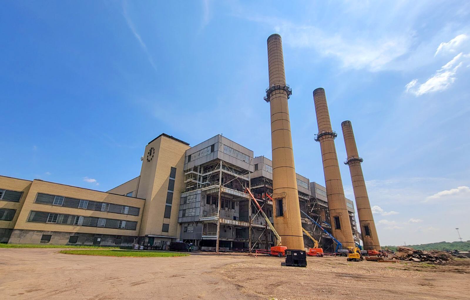The three tall smokestacks at the now-closed, 1940s-era Hutchings Station power plant are slated to be torn down Friday, June 14. CONTRIBUTED