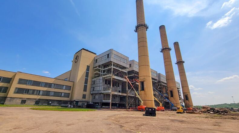 The three tall smokestacks at the now-closed, 1940s-era Hutchings Station power plant are slated to be torn down Friday, June 14. CONTRIBUTED